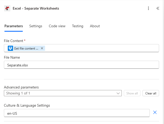 Clicca per ingrandire Excel - Azione "Separa fogli di lavoro" in Power Automate. Il contenuto del file viene mappato da un precedente passaggio "Ottieni contenuto file" di Dropbox. Il nome del file è Separate.xlsx. I parametri avanzati mostrano le impostazioni di cultura e lingua impostate su en-US.